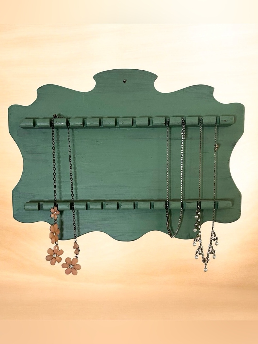Handmade Wooden Necklace Holder Wall Mount Sage Green Shabby Chic Repurposed